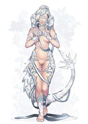 abysmal0 au_ra female final_fantasy final_fantasy_xiv large_breasts long_hair nude solo tail white_hair