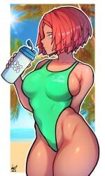 1girls arc_system_works babo big_breasts blue_eyes bottle breasts female female_only ginseng_(artist) giovanna_(guilty_gear) green_swimsuit guilty_gear hair hips huge_breasts lips one-piece_swimsuit red_hair solo solo_female swimsuit swimwear thick_thighs thighs wide_hips