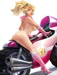 1girls absurdres ass blonde_hair breasts clothing exposed_torso female footwear handwear high_heels human jewelry jumpsuit kart legs mario_(series) mario_kart momo-deary momodeary motorcycle neckwear pale_skin pink_legwear ponytail princess_peach riding_motorcycle sitting solo vehicle