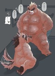 2022 anthro ashigara balls bathroom belly canid canine canis detailed_background domestic_dog duo genitals hairy hi_res hottophoto humanoid_hands inside japanese_text kemono lifewonders male male/male mammal moobs nipples oral overweight overweight_male penis pubes scar sex tail_motion tailwag text tokyo_afterschool_summoners ursid video_games yasuyori