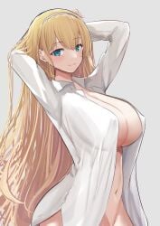 1girls armpits azur_lane big_breasts blonde_hair blue_eyes blush breasts clothed clothing eagle_union_(azur_lane) eyebrows_visible_through_hair female female_only hairband hands_behind_head light-skinned_female light_skin long_hair looking_at_viewer navel nipples_visible_through_clothing north_carolina_(azur_lane) open_shirt pale-skinned_female pale_skin pose posing schreibe_shura solo white_shirt