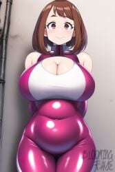 1girls ai_generated belly big_breasts bloomingfaye bodysuit breasts brown_eyes brown_hair chubby chubby_female eye_contact female female_only huge_breasts latex latex_suit light_skin looking_at_viewer my_hero_academia nai_diffusion ochako_uraraka shiny_skin solo stable_diffusion thick_thighs thighs voluptuous wide_hips