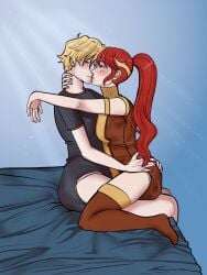 1boy 1boy1girl 1girls abdl bangs blonde_hair blue_eyes blush diaper diaper_fetish diaper_under_clothing diapered_lovers gently_hugging green_eyes high_ponytail jaune_arc long_hair omupurr onesie ponytail pyrrha_nikos red_hair rwby shiny_hair shiny_skin sidelocks sitting_on_bed sitting_on_lap wholesome