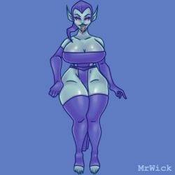 breasts cameltoe female goblin goblin_female green_goblin green_nipples green_skin marvel marvel_comics mrwick norma_osborn norman_osborn purple_suit purple_tongue red_eyes rule_63 spider-man_(series) thick_legs thick_thighs tongue_out villain villainess