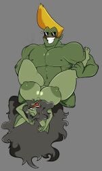 1boy 1girls 2022 big_breasts black_hair blonde_hair blush blushing commission female goblin goblin_female goblin_male green_skin hair_over_one_eye huge_breasts long_hair male male/female male_penetrating monster muscles muscular muscular_male original pixelzsinful rough_sex shortstack sunglasses