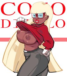 1girls big_breasts blonde_hair box_chan breasts coco_diablo dark-skinned_female dark_skin exposed_breasts female female_focus female_only glasses gloves hanna-barbera long_hair looking_at_viewer nipples scooby-doo shirt_lift trick_or_treat_scooby-doo turtleneck_sweater