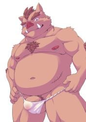 2021 anthro asian_clothing balls belly brown_body clothing east_asian_clothing fundoshi genitals hi_res humanoid_hands japanese_clothing kemono male male_only mammal moobs murasaki14134 navel nipples overweight overweight_male penis scar simple_background solo suid suina sus_(pig) underwear white_background white_clothing white_fundoshi white_underwear wild_boar