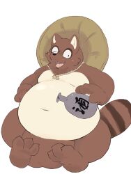 2022 anthro balls belly big_balls big_belly blush canid canine genitals hi_res kemono male mammal moobs navel one_eye_closed overweight overweight_male raccoon_dog sitting solo tanuki tinntira wink