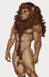 2021 abs anthro ball_tuft balls biceps body_hair brown_eyes chest_tuft claws felid flaccid foreskin genitals hair happy_trail hi_res humanoid_genitalia kingsguard_vn lion long_hair looking_at_viewer male mammal mane muscular muscular_anthro muscular_male navel neck_tuft nipples nude pantherine pecs penis pubes simple_background smile solo standing thebigslick tuft vein veiny_muscles veiny_penis