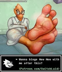 1girls 2d alphys alternate_version_available anthro barefoot big_breasts deltarune dialogue english_text feet feet_focus female female_only foot_fetish glasses lab_coat looking_at_viewer pov_feet retile smell smelly_feet smelly_shoes soles solo stinky_feet sweat sweaty_feet switchlaid talking text undertale undertale_(series) yellow_skin