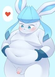 absurd_res balls belly belly_pinch blue_body blue_eyes blush eeveelution flaccid foreskin fupa generation_4_pokemon genitals glaceon heart hi_res male male_only navel nintendo nude overweight penis pink_penis pokemon pokemon_(species) solo tolild video_games