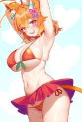 1girls animal_ears big_breasts bikini blush cat_ears cat_tail eyebrows_visible_through_hair female female_only hair_ornament horns light-skinned_female light_skin monster_girl oerba_yun_fang orange_hair production_kawaii sava_safari_(artist) sava_safari_(vtuber) solo star-shaped_pupils symbol-shaped_pupils tail virtual_youtuber