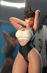 2022 3d arms_up big_breasts blizzard_entertainment breasts brown_eyes brown_hair cleavage clothed female female_only human large_breasts light-skinned_female light_skin looking_to_the_side maxboost nipple_bulge overwatch rule2754 short_hair solo solo_female standing tagme tracer