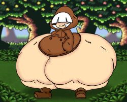 absurd_proportions allstarman anthro breasts breasts_visible_through_clothing brown_jacket brown_shoes goomba goomba_girl hair_covering_eyes hands_in_pockets hyper_ass hyper_thighs mario_(series) massive_ass massive_thighs nintendo super_mario_bros. white_hair