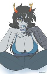 1girls cleavage clothing eyepatch fangs female female_focus female_only full_cleavage fully_clothed grey_body grey_skin homestuck huge_breasts large_breasts lipstick mindwipe painted_nails robotic_arm sitting smiling solo solo_female vriska_serket