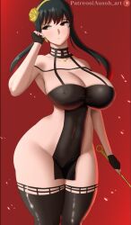 1girls assassin ausoh big_breasts black_hair breasts female female_only gloves hairband huge_breasts legwear light_skin long_hair red_eyes solo spy_x_family standing stiletto_(weapon) thick_thighs thighhighs thighs thorn_princess yor_briar