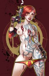 abysmal0 blood borderlands borderlands_2 exposed_breasts exposed_pussy female gloves gun licking_lips lilith_(borderlands) panties panties_around_leg panties_around_legs panties_down pussy red_hair short_hair smoking_gun solo tattoo tattoos yellow_eyes