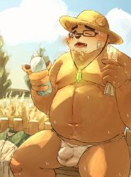 10_cosmo_24 2022 anthro asian_clothing balls_outline belly big_belly blush bodily_fluids bulge clothing detailed_background east_asian_clothing eyewear fundoshi genital_outline glasses hat headgear headwear hi_res japanese_clothing kemono lifewonders male mammal moobs navel nipples outside overweight overweight_male penis_outline sitting solo straw_hat sweat tokyo_afterschool_summoners towel towel_on_shoulder underwear ursid video_games volos white_clothing white_fundoshi white_underwear