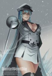 1girls 2022 2d adult adult_female akame_ga_kill! antagonist artist_name big_breasts blue_eyes blue_hair body_markings boots breasts cleavage cryokinesis dantewontdie deviantart deviantart_username dominant_female esdeath_(akame_ga_kill!) evil_grin evil_smile female female_only general hat holding_rapier holding_sword human human_female human_only ice large_breasts light-skinned_female light_skin long_hair looking_at_viewer no_bra no_pants no_sex open_shirt outdoors outside pale-skinned_female pale_skin pantless patreon patreon_username pointing_sword rapier realistic_anatomy realistic_body realistic_breast_size realistic_proportions snow solo solo_female straight_hair sword tall_female thick_thighs thighhighs thighs threatening threatening_viewer uniform very_long_hair villain villainess weapon web_address