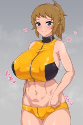 1girls blue_eyes breasts brown_hair clothed clothed_female female gundam gundam_build_fighters gundam_build_fighters_try hoshino_fumina huge_breasts lancer24 medium_hair ponytail sportswear tight_clothing