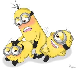 anal anal_sex anthro balls bob_(minions) cum despicable_me kevin_(minions) male male/male/male male_only minion minions_(film) penetration penis pose roztocci sex smile stuart_(minions) trio what yellow_body