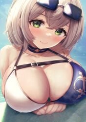 1girls bikini breast_focus breasts cleavage female green_eyes hololive hololive_fantasy hololive_japan huge_breasts light-skinned_female light_skin mochimooncurry mochitsuki_karen shirogane_noel short_hair smile virtual_youtuber white_hair