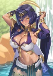 1girls breasts brown-skinned_female brown_skin candace_(genshin_impact) cleavage cuboon dark-skinned_female dark_skin female genshin_impact hair_ornament heterochromia large_breasts looking_at_viewer middle_eastern_clothing purple_eyes purple_hair swana_clothing sweating twintails wet wet_body yellow_eyes