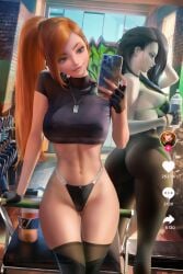 2girls big_breasts bubble_butt disney female female_only gym hourglass_figure kim_possible kimberly_ann_possible large_ass multiple_girls sakimichan shego tiktok tiktok_overlay