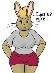 anthro big_breasts bunny bunny_girl buttonbon_(yellowwood) english_text hand_on_hips looking_at_breasts looking_at_viewer simple_background smug_face smug_grin text viewer_pov yellowwood578