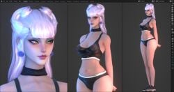 blender blender_(software) earrings evelynn gym_uniform k/da_evelynn k/da_series kinkycat3d kinkykatt3d league_of_legends underwear white_hair wip work_in_progress workout_clothes