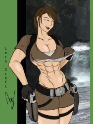 1girls abs female female_only gloves guns lara_croft lara_croft_(l.a.u.) muscular_female ponytail pulling_clothing shorts solo thighs tomb_raider tomb_raider_(l.a.u.) wet