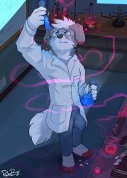 absurd_res anthro blue_bottomwear blue_clothing blue_eyes blue_pants blush bodily_fluids bottomwear bulge canid canine canis cheek_tuft clothed clothing coat cum cum_in_clothing cum_through_clothing domestic_dog eyewear facial_tuft full-length_portrait fur genital_fluids glistening glistening_eyes goggles grey_body grey_ears grey_fur hair hi_res inside lab_coat laboratory laboratory_equipment laboratory_glassware male mammal neck_tuft pache_riggs pants portrait red_hair scientific_instrument short_hair signature solo standing test_tube topwear tuft wet wet_clothing white_body white_fur white_hair