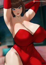 1girls anna_williams armpits arms_behind_head arms_up batako big_breasts blue_eyes blush breasts brown_hair cleavage dress exposed_thighs female huge_breasts looking_at_viewer red_dress short_hair solo tekken thick_thighs wide_hips