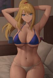 absurd_res bikini blonde blonde_hair blue_bikini_top blue_eyes hands_behind_head large_breasts looking_at_viewer metroid nintendo panties ponytail samus_aran white_bikini_bottom zaphn