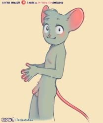 animal_humanoid anthro emellond fur grey_body grey_fur heterochromia hi_res humanoid looking_at_viewer male mammal mammal_humanoid miki_mokk mouse murid murine nipples pink_ears pink_nipples rodent rodent_humanoid smile smiling_at_viewer solo text url