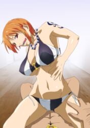 female kyabakurabakufu male nami one_piece one_piece_film_strong_world orange_hair pre-timeskip short_hair sitting_on_person