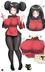 big_breasts black_hair blush china_dress closed_eyes noonmaru_96 pucca pucca_(franchise) thick_thighs thigh_gap tight_clothing