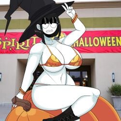 1girls big_breasts bikini black_hair boots bracelet breasts ear_piercing female female_only goth half-closed_eyes halloween hat huge_breasts looking_at_viewer outside piercing pumpkin saltynoodles sitting sitting_on_object solo spirit_halloween store thick_thighs v_sign veronica_(saltynoodles) white_skin wide_hips witch_hat