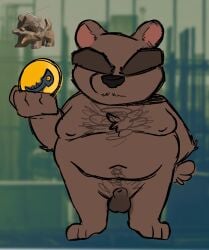 absurd_res animal_genitalia anthro anthrofied balls belly body_hair brown_body brown_fur chest_hair eyebrows fupa fur genitals hi_res male male_only mammal mr._grizz navel nintendo nipples nude overweight salamikii sheath solo splatoon thick_eyebrows ursid video_games