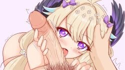 1boy 1girls big_penis blonde_hair blush enna_alouette erect_penis erection fellatio flower flower_in_hair hair_ribbon hair_wings hand_on_head hand_on_penis handjob head_wings kisaragi_1go licking licking_penis light-skinned_female light-skinned_male light_skin looking_at_viewer nijisanji nijisanji_en penis platinum_blonde_hair purple_eyes ribbons virtual_youtuber white_hair