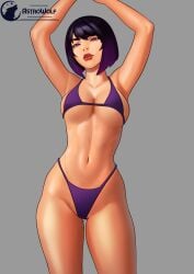 asian_female astrowolf athletic_female bikini purple_bikini purple_hair short_hair sole_female toned_female