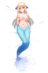 08m- 1girls absurdres bangs bed blonde_hair blue_tail blush breasts collarbone commentary completely_nude dakimakura_(medium) female female_only full_body grabbing_own_breast green_eyes hair hair_ornament hair_ribbon hairclip highres jpg large_breasts long_hair lying mermaid monster_girl navel nude on_back original purple_ribbon pussy pussy_juice ribbon smile solo uncensored