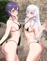 2girls areolae areolae_slip armpits ass bare_thighs bernadetta_von_varley big_ass bikini black_bikini black_eyes breasts deepspace female female_only fire_emblem fire_emblem:_three_houses grey_eyes long_hair lysithea_von_ordelia medium_breasts micro_bikini multiple_girls nintendo outdoors perky_breasts pink_eyes post-timeskip purple_hair short_hair sideboob small_breasts smile swimsuit thick_thighs thighs underboob white_hair