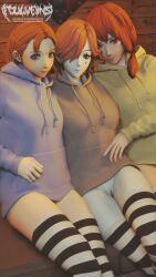 3d 3girls annette_fantine_dominic bare_thighs blue_eyes breasts female female_only fire_emblem fire_emblem:_three_houses foulveins hoodie indoors kronya_(fire_emblem) leonie_pinelli looking_at_viewer medium_breasts medium_hair multiple_girls nintendo no_panties orange_eyes orange_hair pussy red_eyes red_hair short_hair side_ponytail sitting smile thighhighs thighs