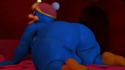 3d_(artwork) anthro ass avian balls big_butt bird blue_body clothing digital_media_(artwork) genitals hat headgear headwear hi_res king_dedede kirby_(series) looking_back male nintendo overweight penguin perineum presenting presenting_hindquarters solo thick_thighs video_games xeytech