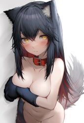 arknights black_hair blush collar covering_breasts embarrassed highres holding_breast large_breasts naked paw_gloves pussy tab_head tagme texas_(arknights) wolf_ears wolf_tail yellow_eyes