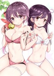2girls ahoge akebono_(kantai_collection) alternate_breast_size bell bow bow_bra bra breast_size_switch breasts brown_eyes cleavage flower hair_bell hair_flower hair_ornament hamaken._(novelize) jingle_bell kantai_collection large_breasts long_hair looking_at_viewer multiple_girls navel panties pink_bra pink_panties purple_eyes purple_hair red_bow simple_background sitting smile stomach underwear underwear_only ushio_(kantai_collection) white_background white_bra white_panties
