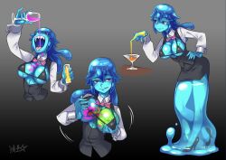 alcohol bartender big_ass big_breasts bikini_top blonde_hair blue_body blue_skin cnmbwjx high_heels pink_eyes ryuusei_(mark_ii) shaking_breasts sharp_teeth short_dress slime slime_girl slime_hair smirk smirking_at_viewer squeezing_breast thick_thighs