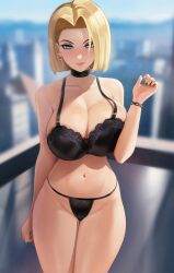 1girls android_18 blonde_hair blue_eyes bra breasts city city_background cityscape cleavage dragon_ball dragon_ball_z female full_body hi_res hips huge_breasts large_breasts light-skinned_female light_skin loodncrood outdoors pale-skinned_female pale_skin panties short_hair shounen_jump slim_waist thick_thighs thighs wide_hips