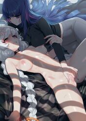 2girls blue_eyes blue_hair blush braid breasts breasts_apart choker clothed_female_nude_female fingering heterochromia highres honkai_(series) honkai_impact_3rd kiana_kaslana light-skinned_female light_skin long_hair multicolored_hair multiple_girls nipples nude orange_eyes parted_lips purple_hair raiden_mei teeth tofu_crust twin_braids yuri